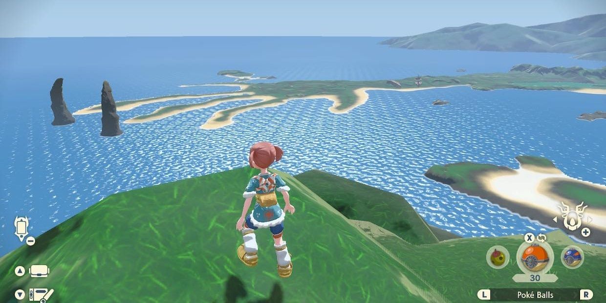 Un'allenatrice femminile che si affaccia sulla mappa di Cobalt Coastlands di Pokémon Legends: Arceus