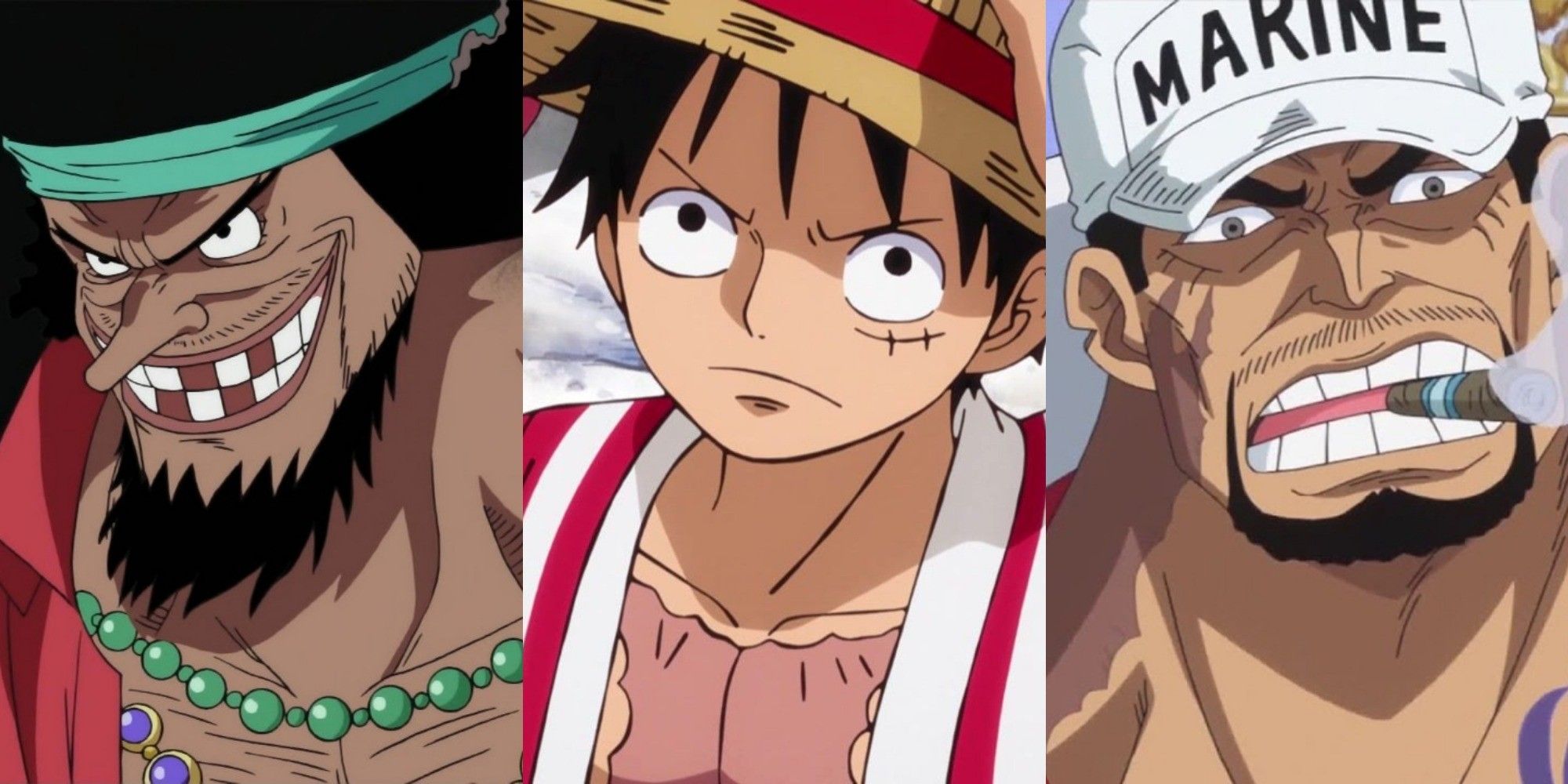 Da sinistra a destra: Barbanera, Rufy e Akainu di One Piece