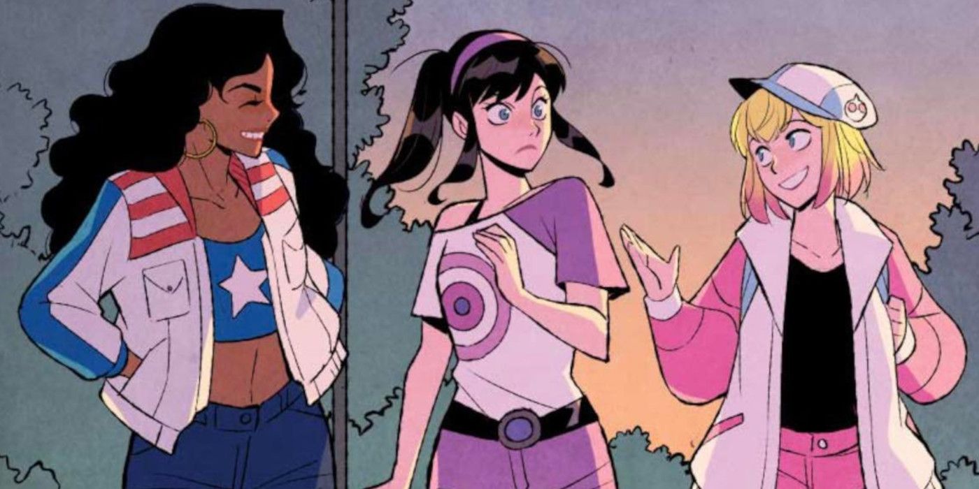 Immagine tratta da It's Jeff!, di Gwenpool che fa una passeggiata con i suoi compagni Vendicatori della costa occidentale, Kate Bishop e America Chavez.