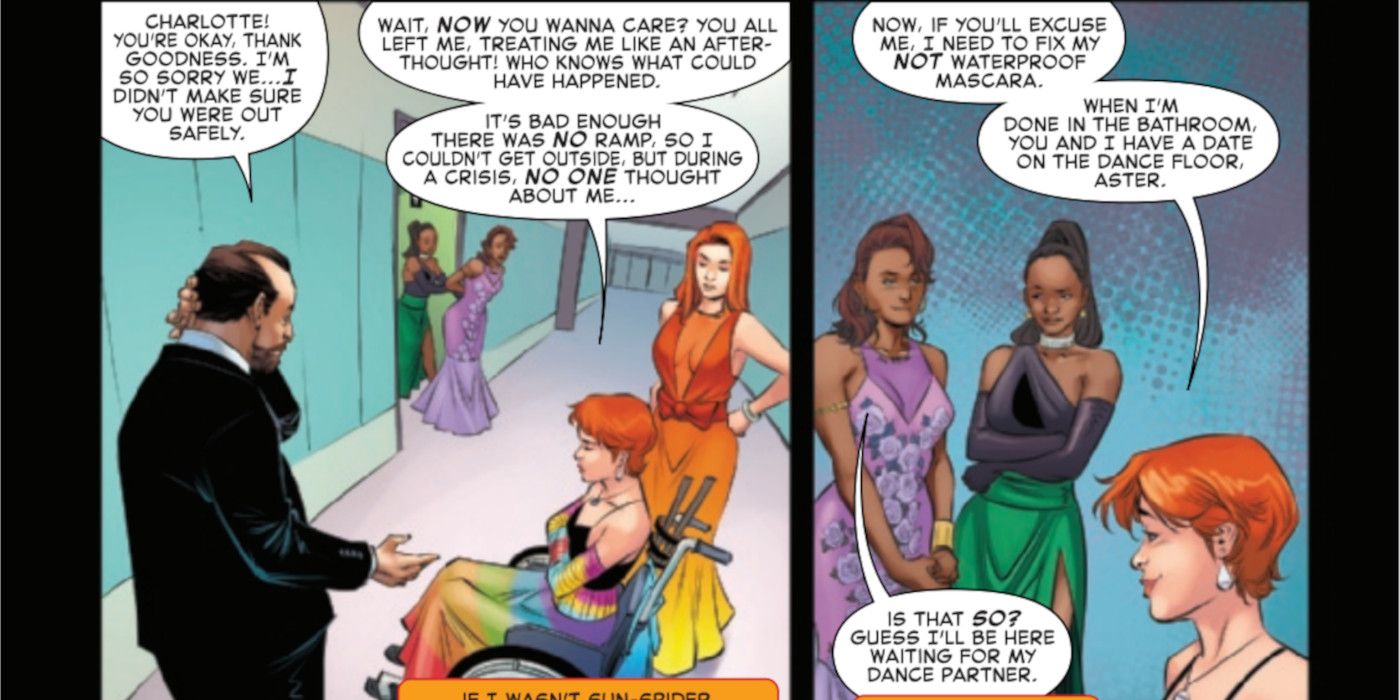 Immagine tratta da Edge of Spiderverse, dove Charlotte Webber racconta di come è stata lasciata all'interno della scuola durante l'emergenza.