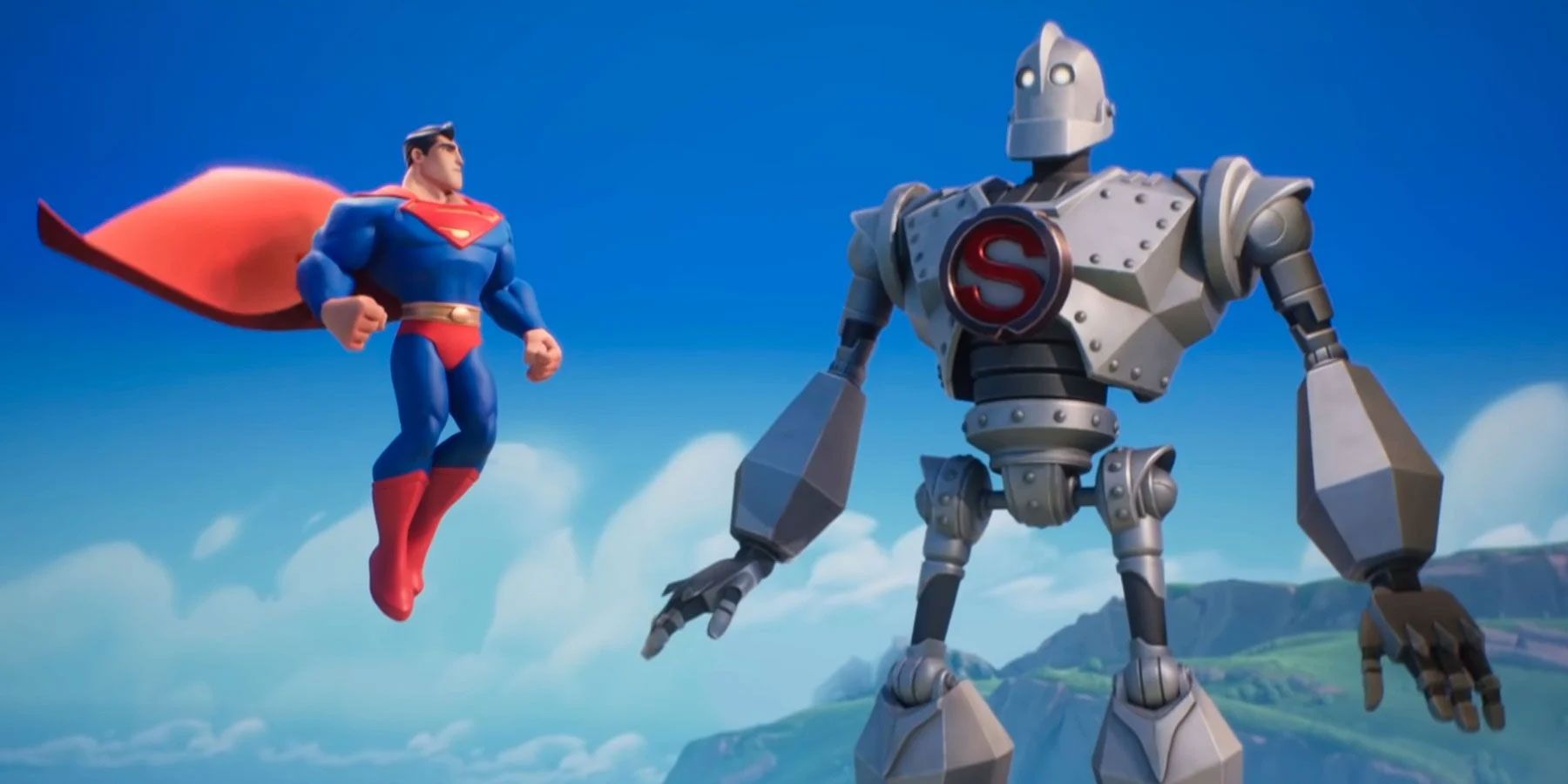 Un'immagine di Multiversus, il gigante di ferro e Superman che volano nel cielo