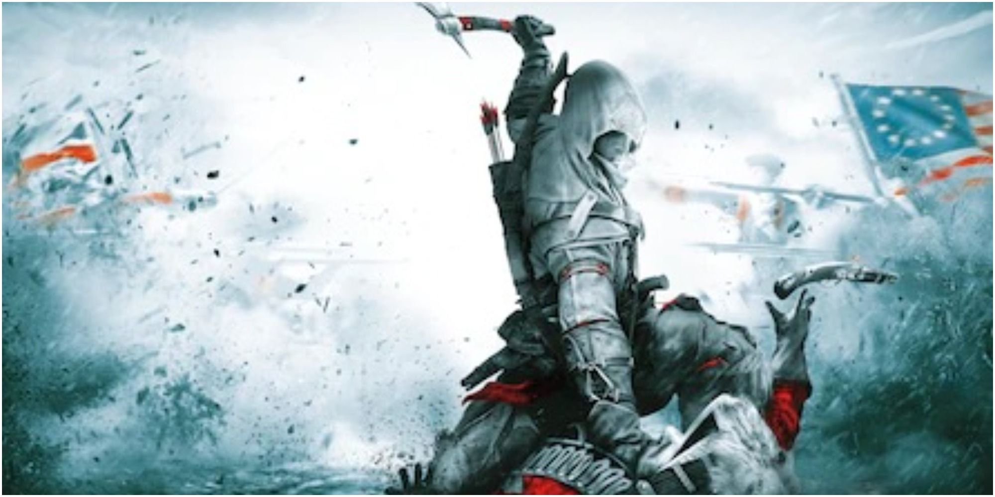 Un assassino in procinto di uccidere una giubba rossa britannica sulla box art di Assassin's Creed III.