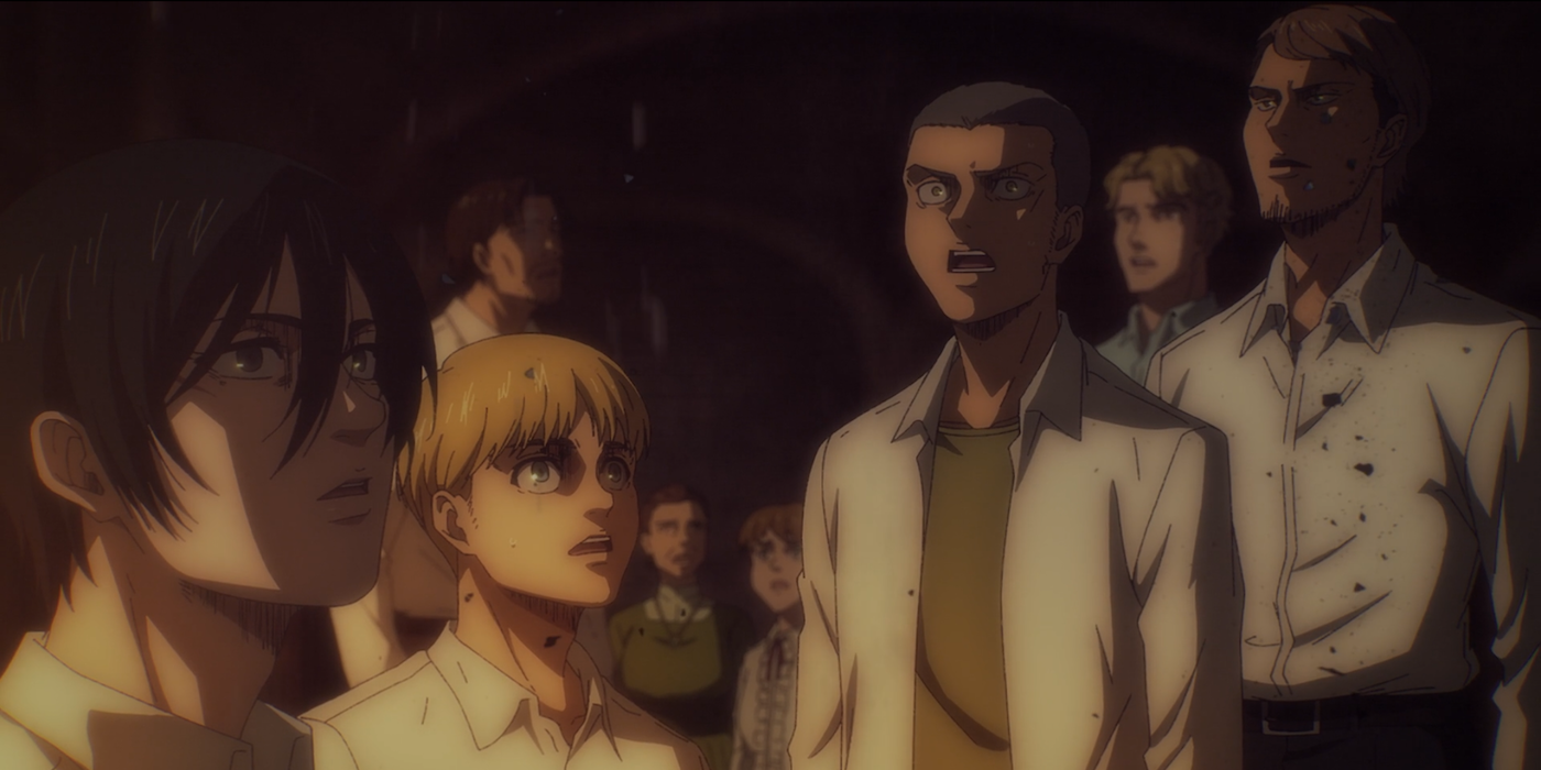 Mikasa, Armin, Jean e Connie ascoltano lo svolgersi della battaglia dalla loro cella in Attack on Titan