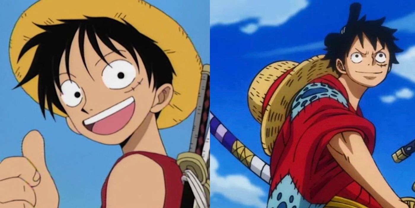 Rufy, come mostrato nei primi giorni dell'anime di One Piece rispetto a Rufy come mostrato nell'arco narrativo più recente, Wano Country