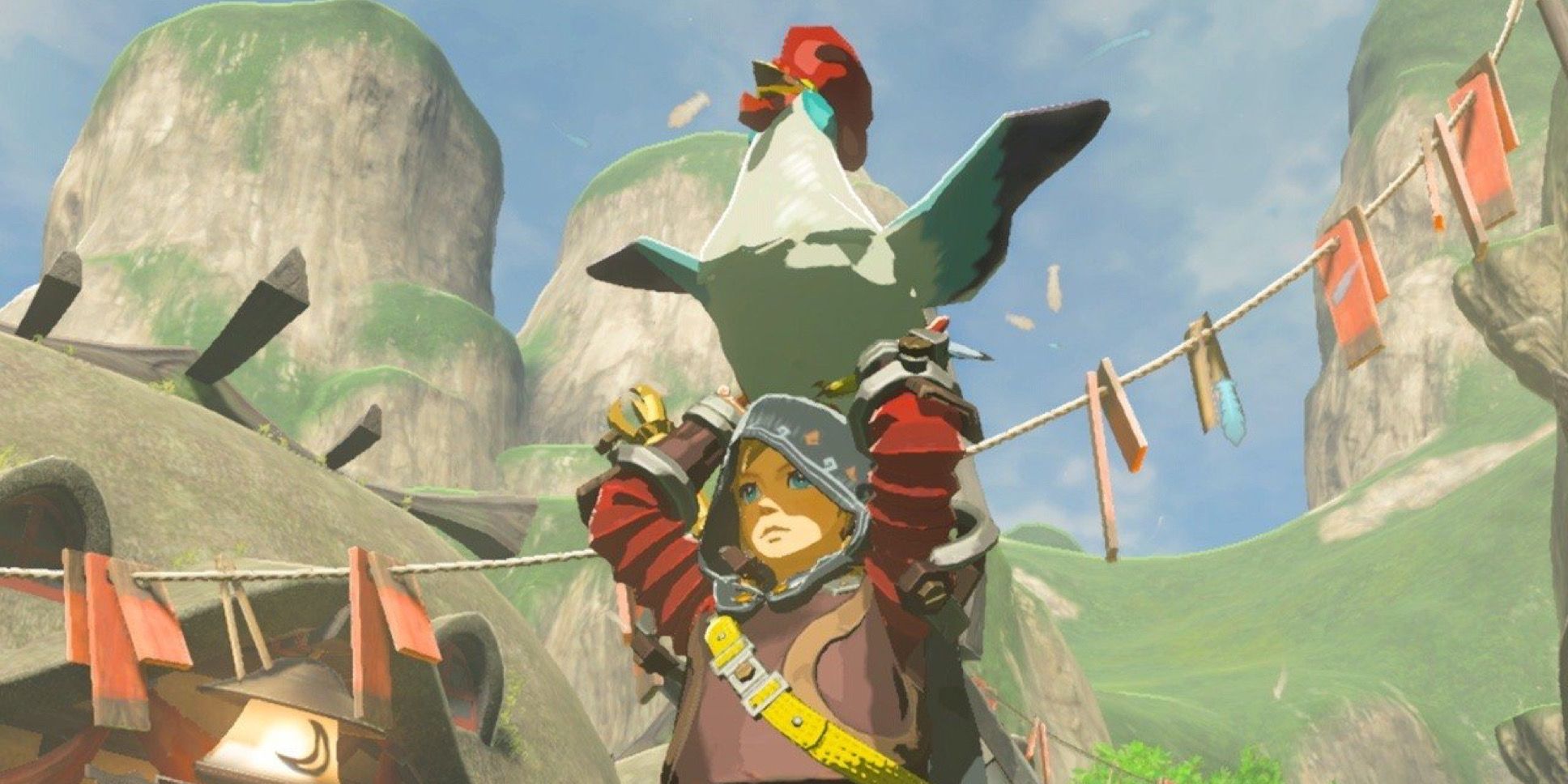 Link che trasporta un Cucco in Legend Of Zelda: Breath Of The Wild