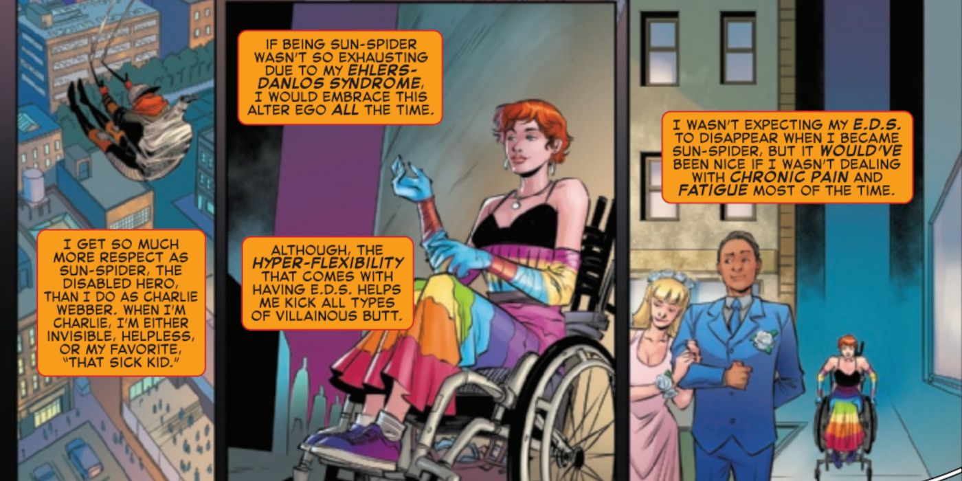 Immagine da Edge of Spiderverse, dove Charlie racconta le sue esperienze come Sun-Spider rispetto al suo alter ego.