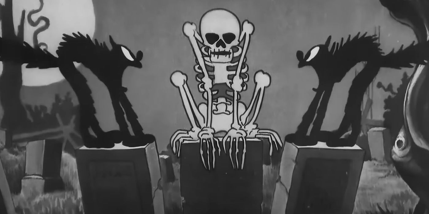 Uno scheletro che spaventa i gatti in The Skeleton Dance della Disney