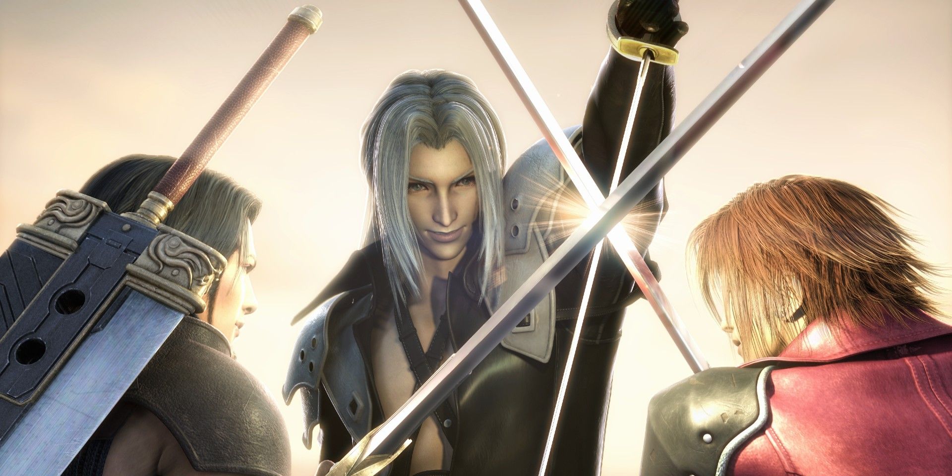 Screenshot raffigurante Sephiroth, Angeal e Genesis in un finto combattimento, come si vede in Crisis Core: Final Fantasy VII.
