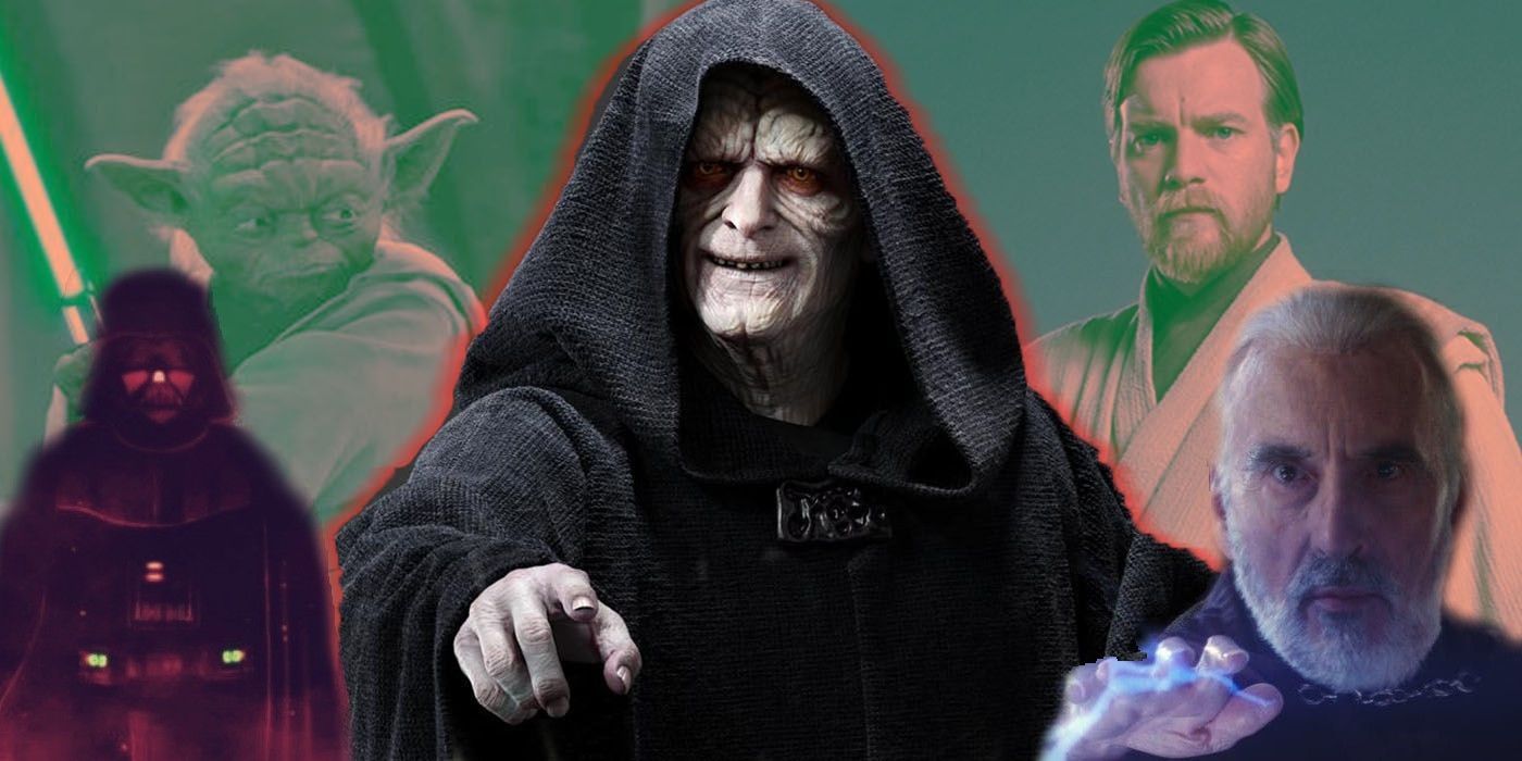 Collage di Palpatine, Yoda, Obi-Wan, Darth Vader e il conte Dooku