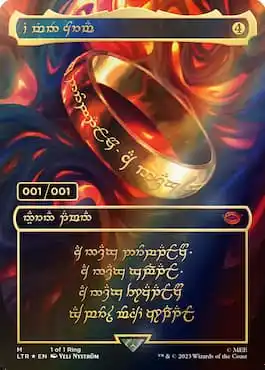 Scheda MTG The One Ring serializzata one-of-one nel set LTR.  Il famigerato anello è mostrato su uno sfondo tie-dye di colori rosso, arancione, verde e blu.