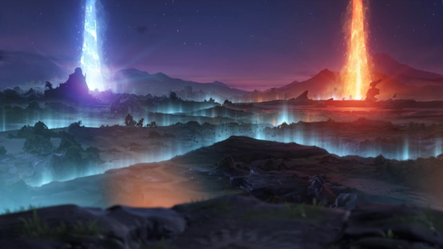 The Radiant and Dire Ancients, che esplodono mentre il terreno sotto di loro si rompe in Dota 2.