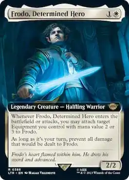 Frodo dal set MTG LTR con in mano una spada luminosa. 