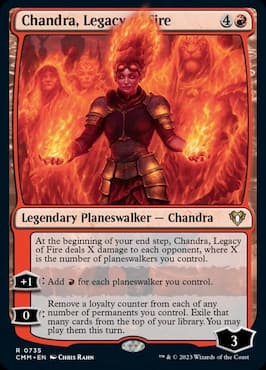 Immagine di Chandra circondata da planeswalker in fiamme attraverso la carta Precon CMM Planeswalker Party di Legacy of Fire di Chandra