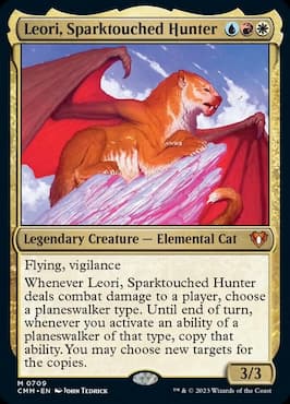 Immagine del gatto elementale attraverso Leori, carta Precon Party CMM Planeswalker Hunter Touched Scintillante