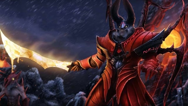 Doom brandisce la sua lama infernale durante una notte invernale sul campo di battaglia di Dota 2.