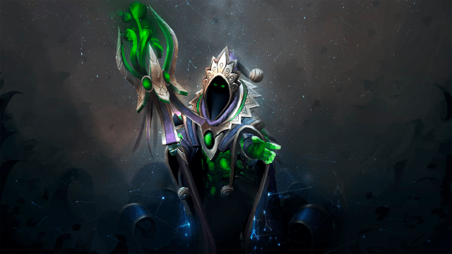 Un mago dispettoso con un mantello viola e un bastone verde gesticola davanti a un campo di stelle in Dota 2. 
