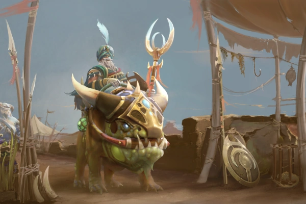 Un mercante siede in cima a una bestia nelle sabbie in Dota 2.