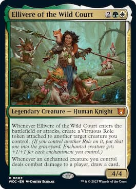 Immagine di un cavaliere umano circondato da animali nella foresta selvaggia attraverso il mazzo Wilds of Eldraine Virtue and Valor Precon Commander