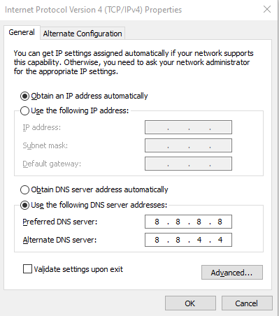 Un'immagine delle impostazioni delle proprietà del protocollo Internet versione 4 di Windows.  Utilizza i seguenti indirizzi di server DNS,