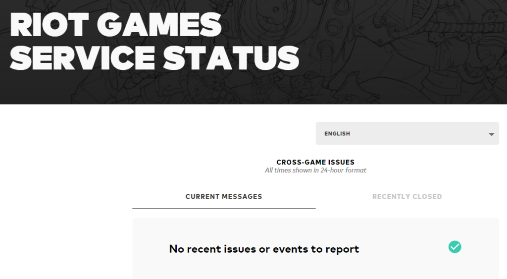 Uno screenshot della pagina sullo stato del servizio di Riot Games.  Visualizza un messaggio che dice "Nessun problema o evento recente da segnalare."