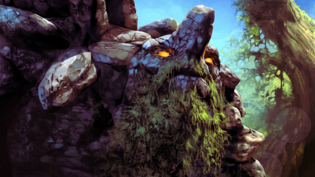 Un gigantesco mostro di roccia con la barba verde e gli occhi gialli guarda in avanti in una foresta in Dota 2.