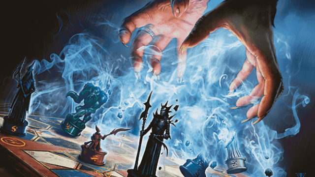 Un paio di mani umane pallide si protendono verso una scacchiera, usando la magia blu per sollevarle in MtG.