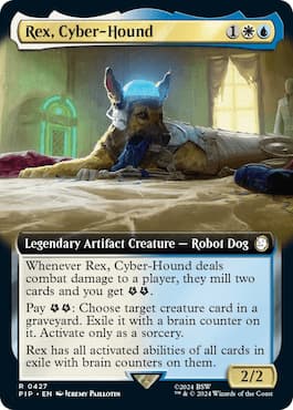 Immagine di un cane con un cervello diverso nella testa attraverso il set di MTG Fallout Commander Rex, Cyber-Hound