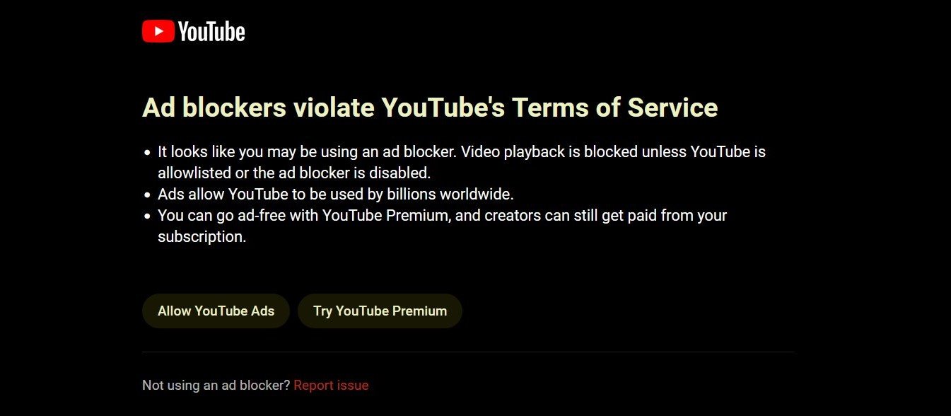 I blocchi degli annunci violano i Termini di servizio di YouTube