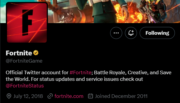 Un'immagine del profilo Twitter di Fortnite, con la posizione impostata su "12 luglio 2018."