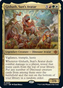 Gishath guida altri dinosauri in battaglia sulla carta MTG nel set LCI