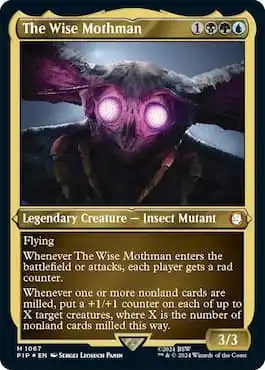 Immagine di Mothman con gli occhi viola da insetto attraverso MTG Fallout Commander The Wise Mothman
