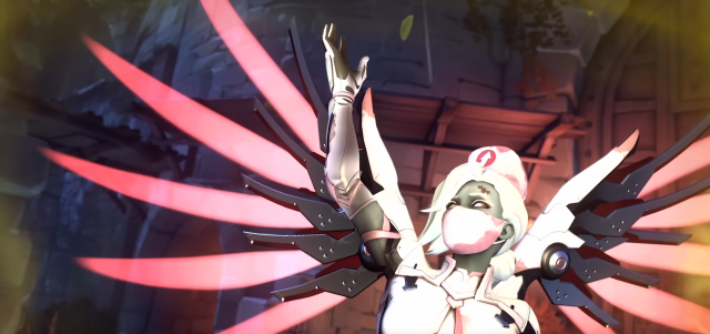 La nuova skin a tema Halloween di Mercy nella stagione 7 di Overwatch 2. È vestita come un'infermiera zombie con ali rosa.