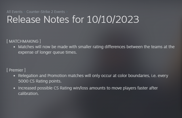 Uno screenshot delle note di aggiornamento di Valve del 10 ottobre per Counter-Strike 2.