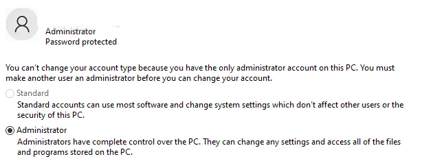 Uno screenshot che mostra le impostazioni dell'amministratore di Windows 10.