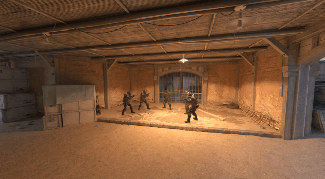 Screenshot dello spawn CT di Dust 2 in CS2, con un totale di 5 antiterroristi armati di pistole.