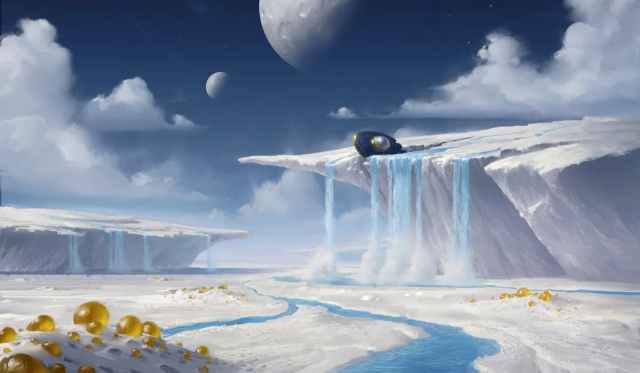 Arte alternativa di Hallowed Fountain Unfinity.  Una nave spaziale precipita su un pianeta alieno deserto.
