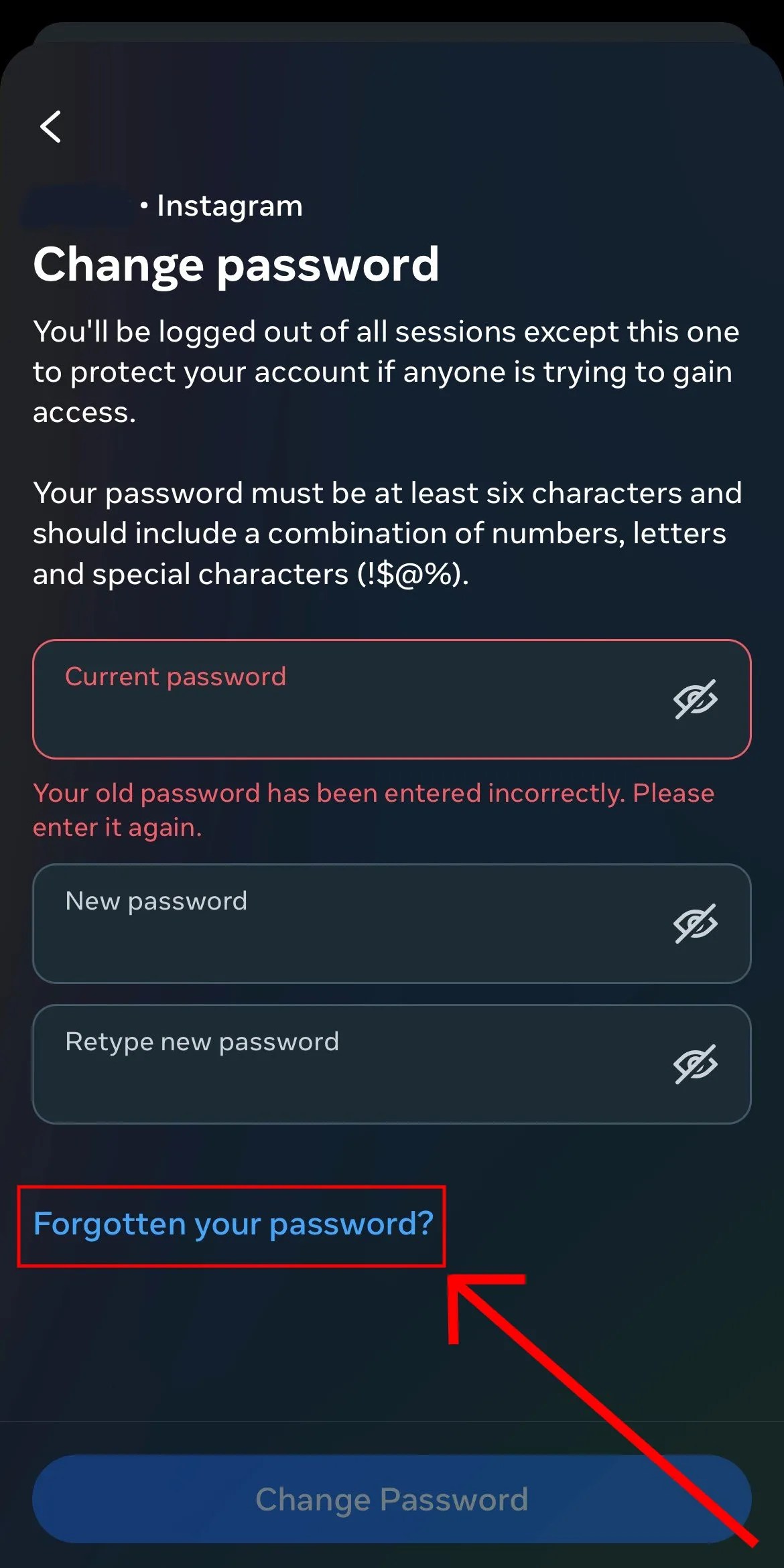 La tua vecchia password è stata inserita in modo errato Instagram