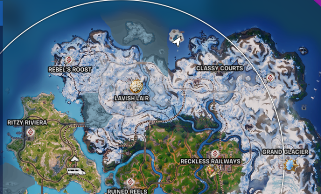 Uno screenshot della mappa di Fortnite che mostra il sergente.  La posizione dell'inverno.