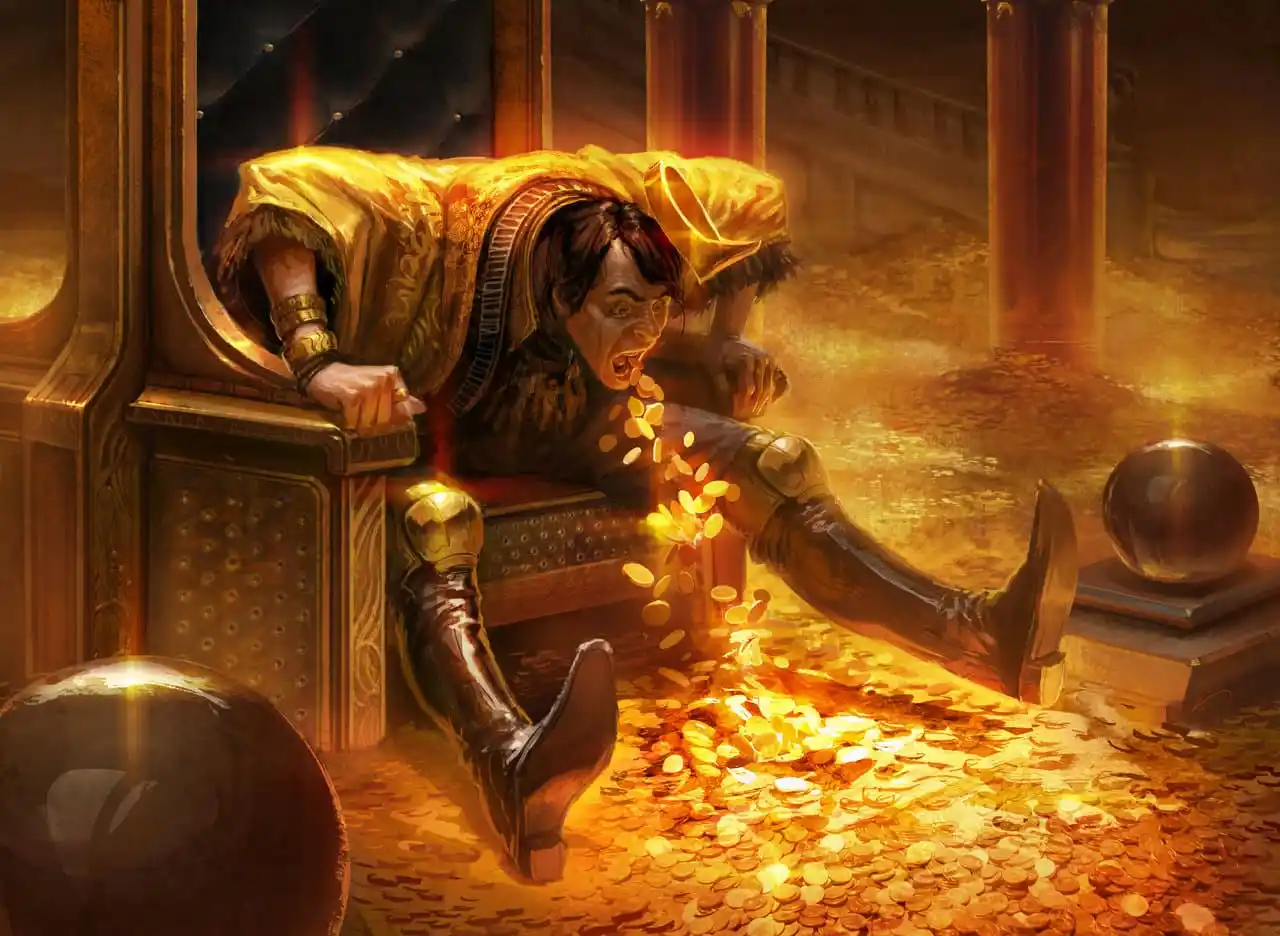 Un uomo su un trono sputa monete d'oro, circondato da una stanza piena delle stesse monete.