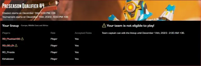 Screenshot di Battlefy con una notifica che dice "La tua squadra non è idonea a giocare" scattata da G0_Zh