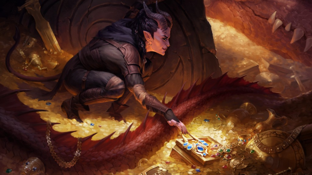 Una donna con le corna e la coda si protende verso un mucchio di gioielli mentre un drago dorme nelle vicinanze in MtG.