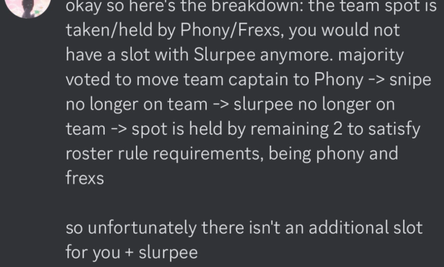 screenshot pubblicato da Snip3down su Twitter: "Ok, ecco la ripartizione: il posto nella squadra è preso/mantenuto da Phony/Frexs, non avresti più un posto con Slurpee."