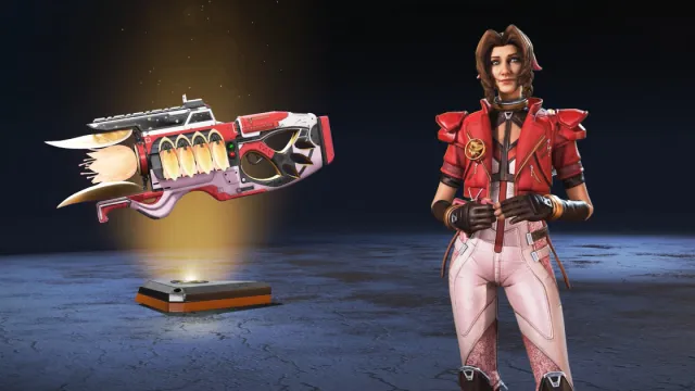Pelle Horizon con pantaloni rosa, giacca rossa, guanti di pelle senza dita e capelli castani accanto alla pelle abbinata del fucile a carica.