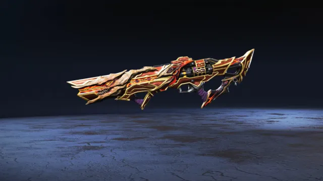 Pelle del fucile HAVOC in rosso, viola e oro.  La canna dell'arma ricorda un drago.