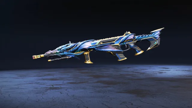 Skin DMR per arco lungo in blu e oro.  Un drago si avvolge attorno alla lunghezza del fucile di precisione.