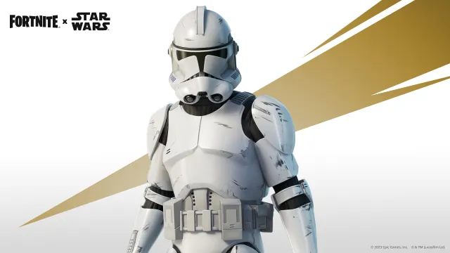 L'abito Clone Trooper di Fortnite in posa davanti a uno sfondo bianco