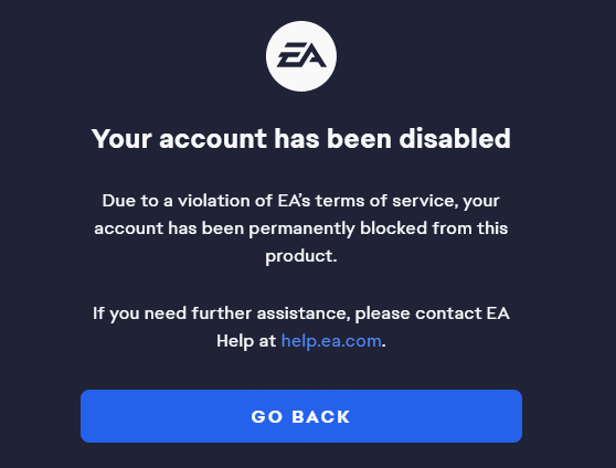 Messaggio EA che avvisa il giocatore del ban dell'account