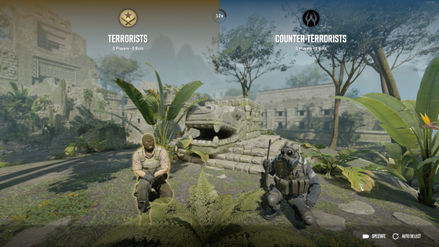 Un terrorista e un antiterrorista si inginocchiano con le loro armi fuori da Ancient in Counter-Strike 2.