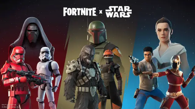Una raccolta di personaggi di Star Wars e i loro nuovi abiti corrispondenti in Fortnite.