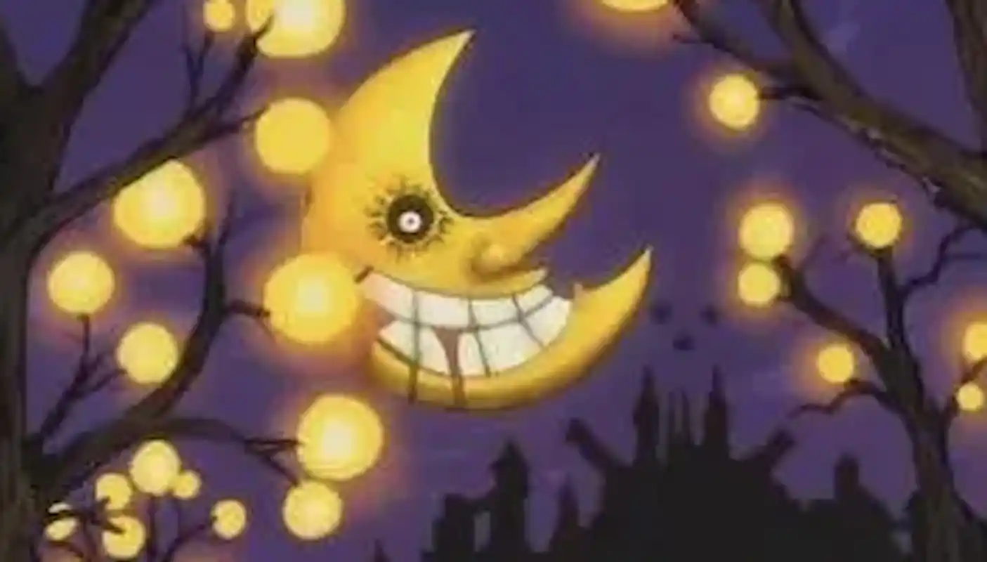 Anime luna sorridente con il sangue che esce dalla bocca